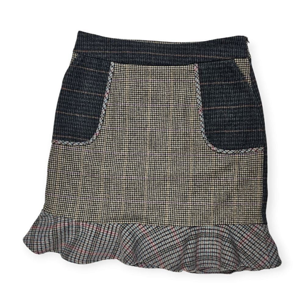 Mo Vint Anthropology High‎ Rise Plaid Wool Patchwork Ruffle Skirt Women's Size L